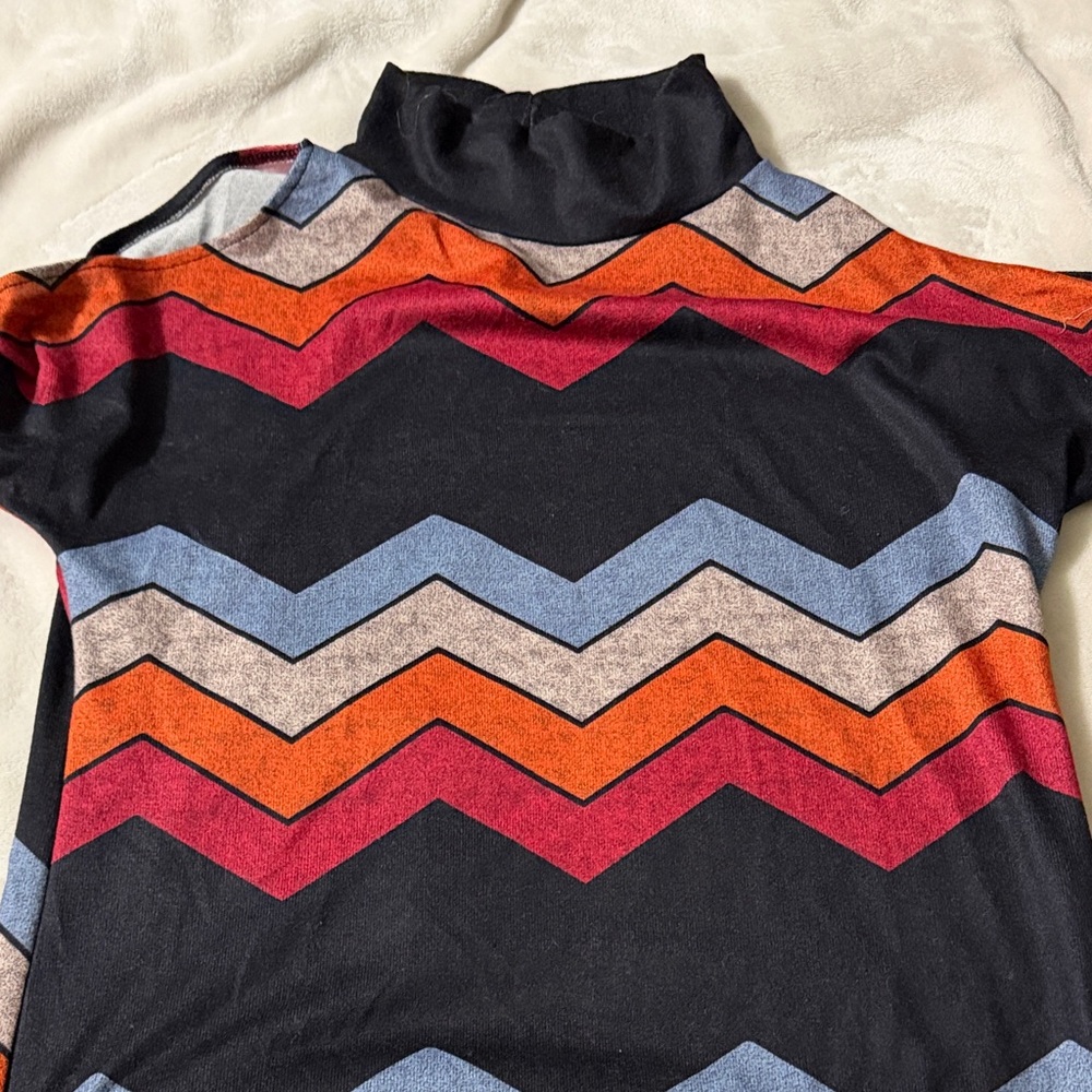 Black Chevron Turtleneck Short-Sleeve Top with Multi-Color Stripes